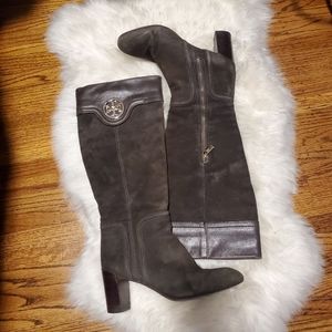 Tory Burch Selma Suede Mid-Heel Logo Boots